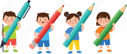 Kids holding giant pencils set with children drawing and creativity concept cartoon vector illustration isolated on white background