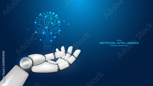 Robotic hand holding a circuit bulb on a futuristic background. Artificial intelligence and Machine learning. Creative artificial intelligence technology idea concept. Vector illustration.