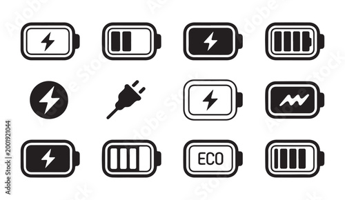 Battery energy icons set displaying various charging modes including eco and fast power indicators.