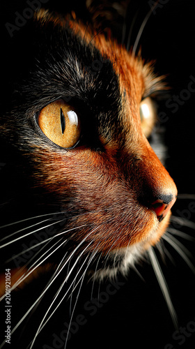 Closeup of tortoiseshell cat face with golden eye