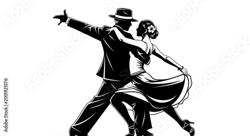 Dancing Couple Performing Tango in Elegant Attire.