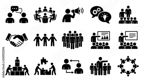 Business meeting icons set black silhouettes on white background