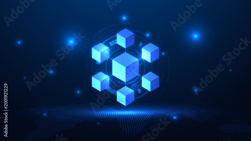 Blockchain technology on a futuristic background. System for database or cryptocurrency. Blockchain design for blockchain global networking, data network connect, and decentralized networks. Vector.