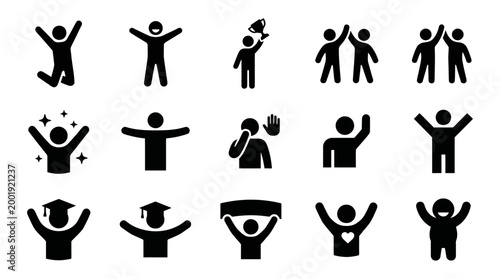 People silhouettes celebrating and gesturing black icons set