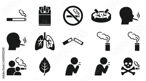 Smoking prohibition icons set black silhouettes on white background