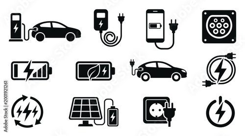 Electric Vehicle Charging Icons Set Black Silhouette