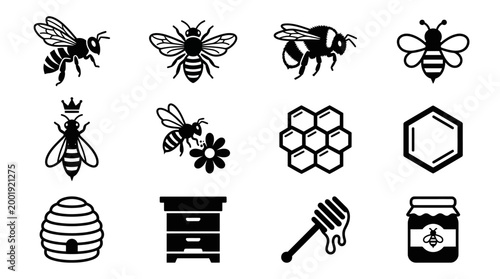 Bee silhouettes and honeycomb icons with beekeeping elements