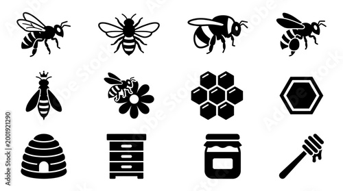 Bee and honeycomb silhouettes with honey pot and dipper