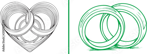Interlocking wedding rings and heart shaped ring vector illustration isolated on white background