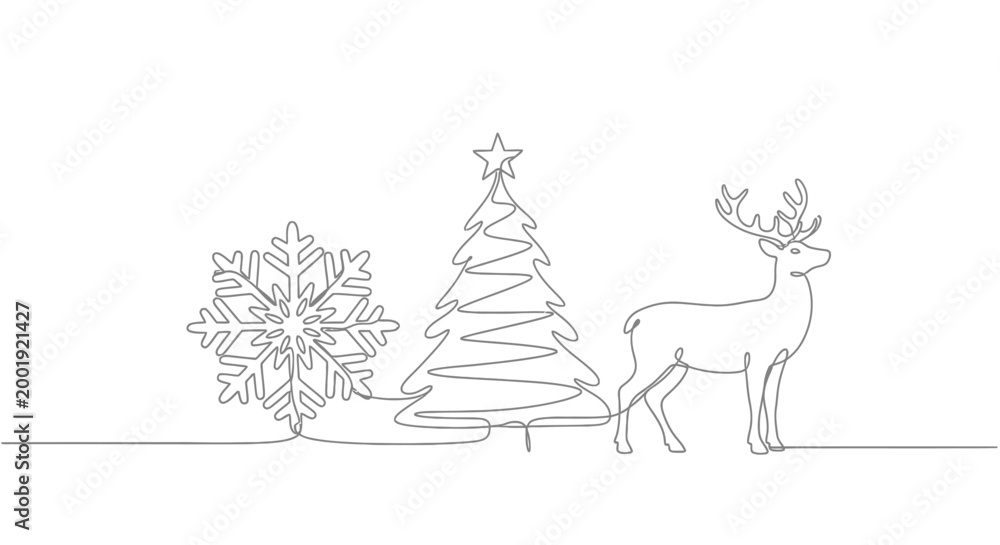 Naklejka premium Elegant continuous line art celebrating Christmas with a detailed snowflake, a festive tree, and a majestic reindeer, perfect for holiday designs