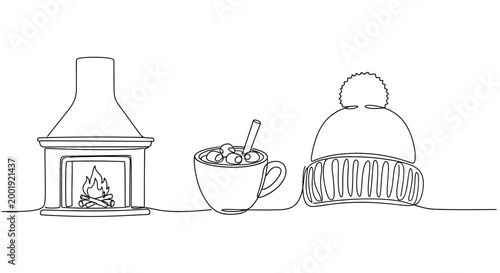 Cozy Winter Scene Fireplace, Hot Chocolate Mug, and Knitted Hat - Minimalist Line Art Illustration for Festive and Seasonal Designs