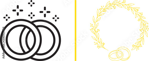 Set of wedding ring icons with interlocking bands and floral wreath vector illustration isolated on white background