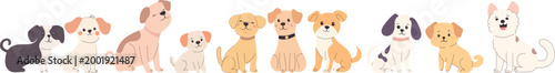 Cute puppies in flat style, vector, dogs sitting