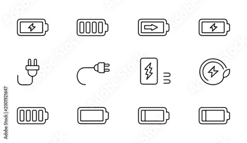 Versatile vector icon set featuring battery storage energy levels and power management indicators.