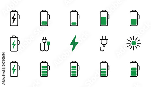 Comprehensive collection of green battery icons representing charging status and energy efficiency.