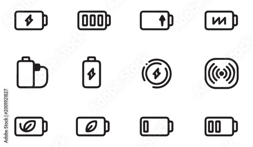 Battery charging icons set with energy levels power indicators and wireless charging symbols vector.