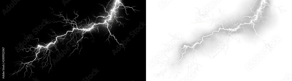 Φωτογραφία White lightning bolt isolated on transparent and black background creating a str