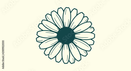 Elegant Dark Green Floral Line Art Drawing of a Blooming Daisy Flower on Cream Background Vector Art