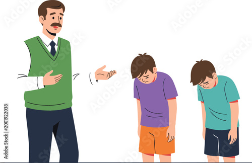 Teacher scolding students set with boys standing ashamed discipline and behavior concept cartoon vector illustration isolated on white background