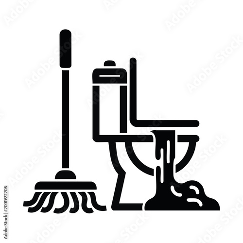 Broken overflowing toilet with mop silhouette. Plumbing leak and cleaning chore concept. Flat design vector illustration