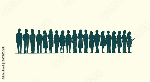 Silhouettes of diverse people standing in a long row or queue on a plain light background design
