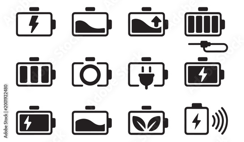Assortment of battery icons for charge, power status and energy indicators.