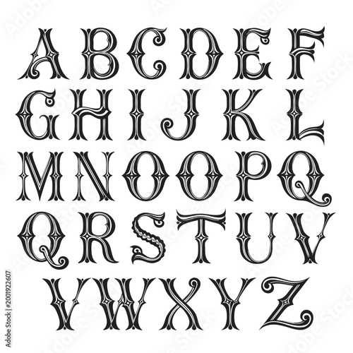 hand drawn alphabet Vintage ornamental uppercase alphabet, engraved line style with layered stroke details, classic European typography influence, sharp serifs and smooth curves, high-resolution vecto