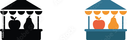 Local fruit market stall vector icon set featuring fresh apple and pear symbols in colorful flat and black silhouette styles isolated on white background.