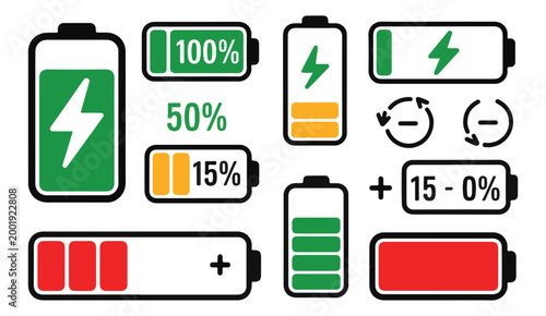 Battery level indicators with colorful charge status icons on transparent background for interface.