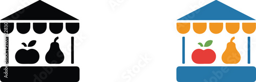 Local fruit market stall vector icon set featuring fresh apple and pear symbols in colorful flat and black silhouette styles isolated on white background.