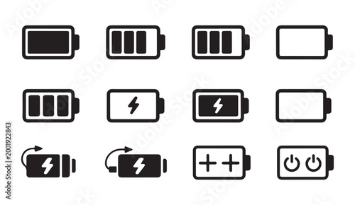Horizontal battery power icons with charging status symbols for website and mobile application use.