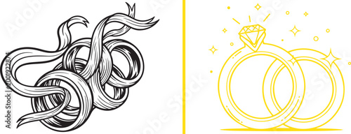 Set of wedding rings with ribbon and diamond engagement ring illustrations isolated on white background