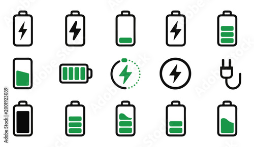 Battery charging status indicator icons collection. power level signs. energy symbol set.
