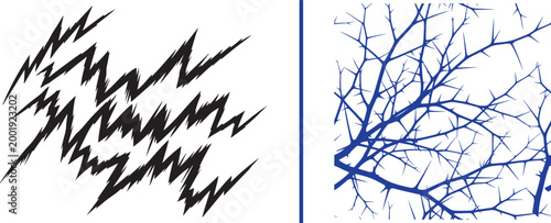 Abstract jagged lightning bolts and thorny branch patterns vector illustration isolated on white background