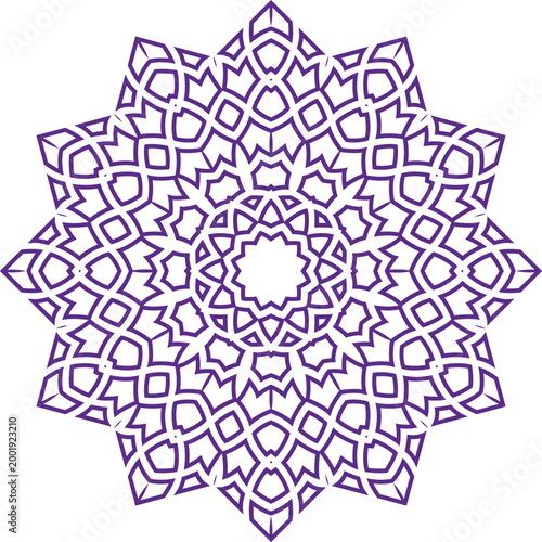 Intricate purple geometric mandala design with symmetrical patterns and floral motifs isolated on transparent background