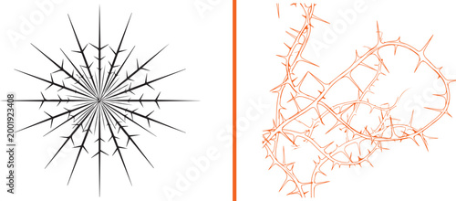 Black thorny starburst and tangled orange bramble vines vector illustration isolated on white background