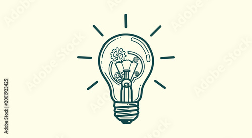 Minimalist Line Art Light Bulb with Internal Cogs and Gears Representing Creative Business Ideas
