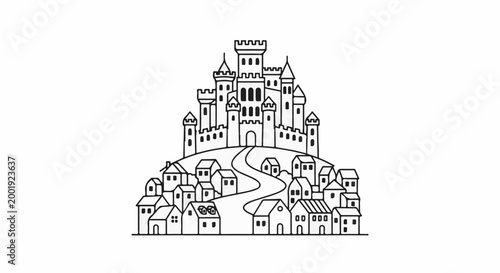 Whimsical drawing of a village leading to a grand castle on a hill
