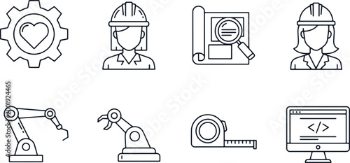 Engineering icons set vector illustration with gear heart woman engineer blueprint robot arm tape measure computer.