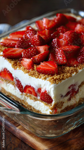 Layered strawberry cream dessert with cookie crumbs