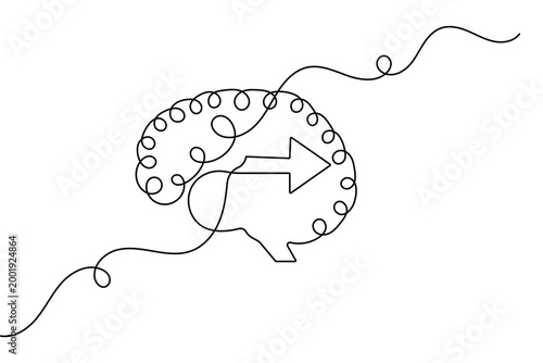 Brain and arrow icon continuous one line drawing in minimalist style with clean outline vector illustration design