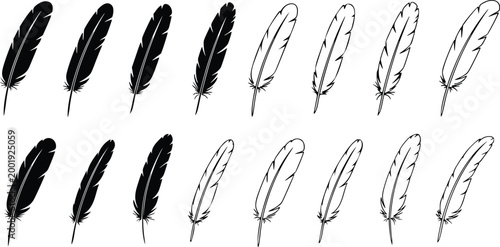 Set of black silhouette and white outline bird feather on a plain white background
