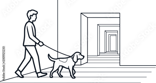 Man walking dog on leash near building entrance with stairs abstract line art concept.