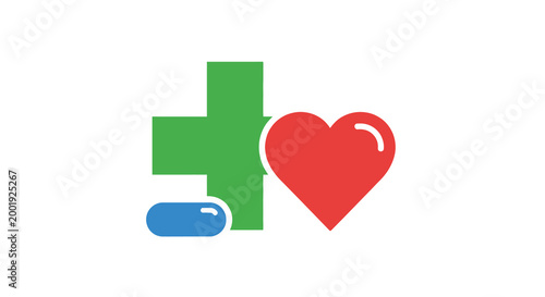 medical cross heart and pill icon on white background