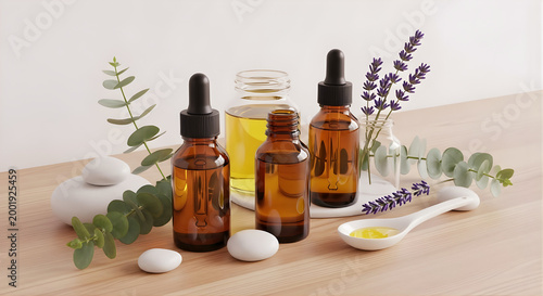 Ayurvedic Spa Setup with Herbal Oils, Lavender & Stones – Wellness Relaxation Still Life