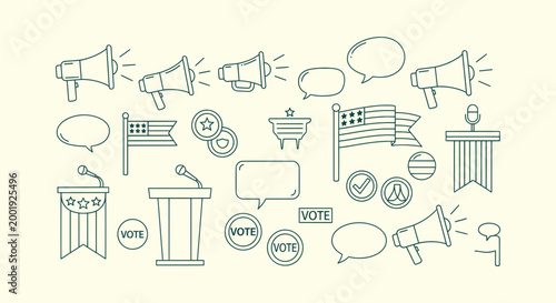 USA Political Election Campaign Icons Set with Voting Megaphone Flag and Podium Vector Elements