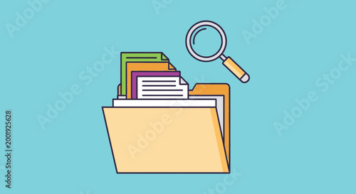 folder with documents and magnifying glass on blue background