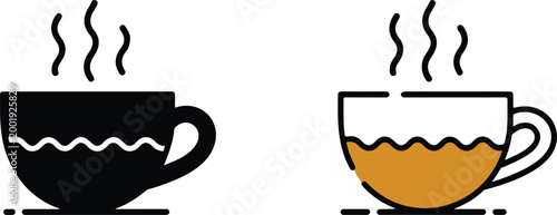 Hot coffee or tea cup vector icon set featuring steaming beverage mug in colorful flat and black silhouette styles isolated on white background.