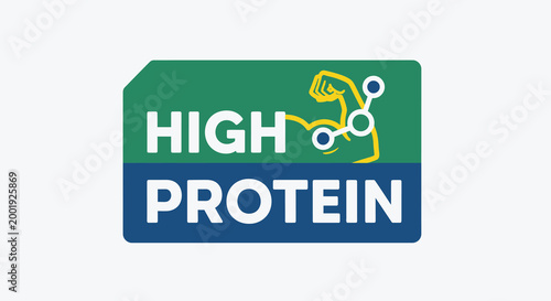 high protein label with molecular structure and fist icon