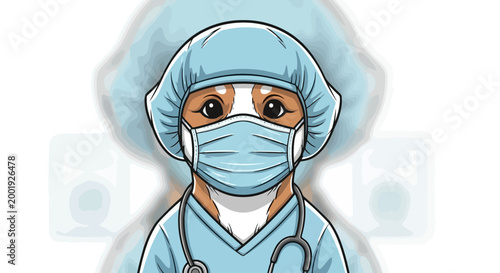 A cute dog dressed as a surgeon wearing a surgical cap, mask, and scrubs, with a stethoscope around its neck.